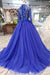 kamahe Blue Long Sleeves V Neck Tulle Prom Dresses with Beading