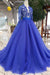kamahe Blue Long Sleeves V Neck Tulle Prom Dresses with Beading