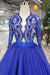 kamahe Blue Long Sleeves V Neck Tulle Prom Dresses with Beading