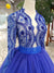 kamahe Blue Long Sleeves V Neck Tulle Prom Dresses with Beading