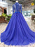 kamahe Blue Long Sleeves V Neck Tulle Prom Dresses with Beading