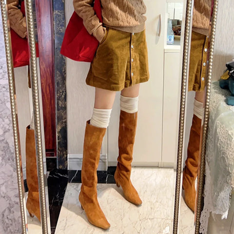 2025  Small square head brown suede wide boots women's popular autumn and winter new models but knee boots high knight boots stacking boots