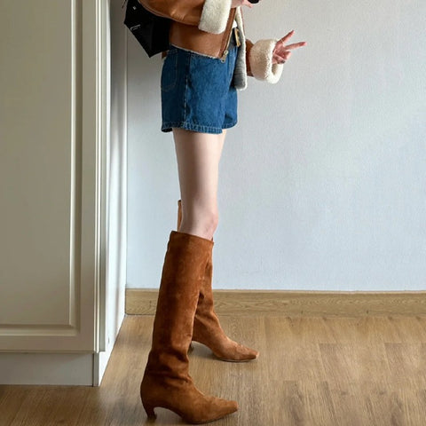 2025  Small square head brown suede wide boots women's popular autumn and winter new models but knee boots high knight boots stacking boots