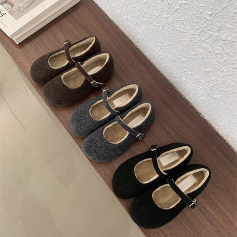 2025  Retro velvet Mary Jane shoes popular small fragrant woolen cute round head warm velvet flat-soled beanie cotton shoes