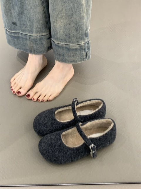 2025  Retro velvet Mary Jane shoes popular small fragrant woolen cute round head warm velvet flat-soled beanie cotton shoes