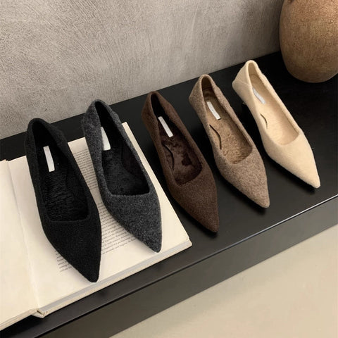 2025  Shallow single shoes women's fleece warm cotton shoes pointed high heels women's thin heels evening fairy fluffy shoes outside