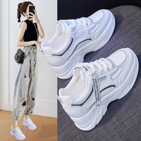 2025  Inner height increase dad shoes women's  spring new Korean version versatile sports shoes female students ins little white shoes women's P08