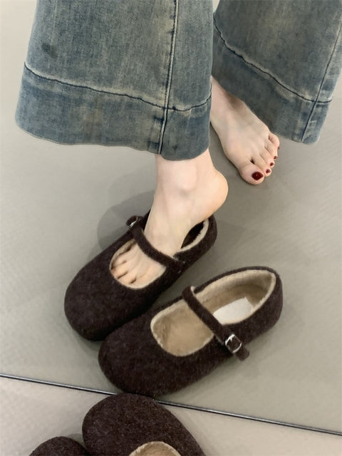 2025  Retro velvet Mary Jane shoes popular small fragrant woolen cute round head warm velvet flat-soled beanie cotton shoes