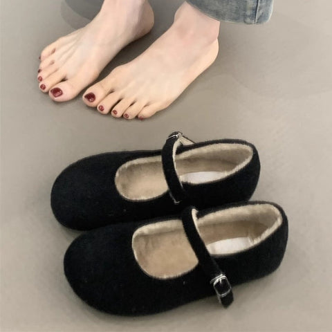 2025  Retro velvet Mary Jane shoes popular small fragrant woolen cute round head warm velvet flat-soled beanie cotton shoes