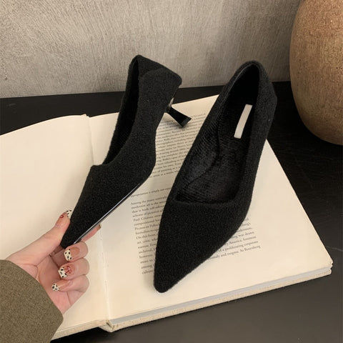 2025  Shallow single shoes women's fleece warm cotton shoes pointed high heels women's thin heels evening fairy fluffy shoes outside