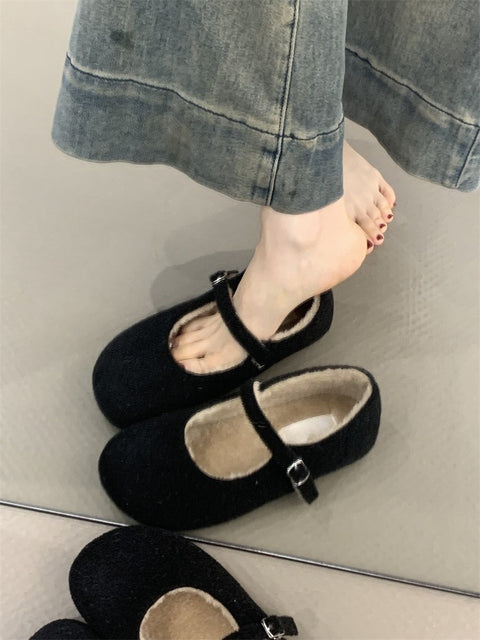 2025  Retro velvet Mary Jane shoes popular small fragrant woolen cute round head warm velvet flat-soled beanie cotton shoes