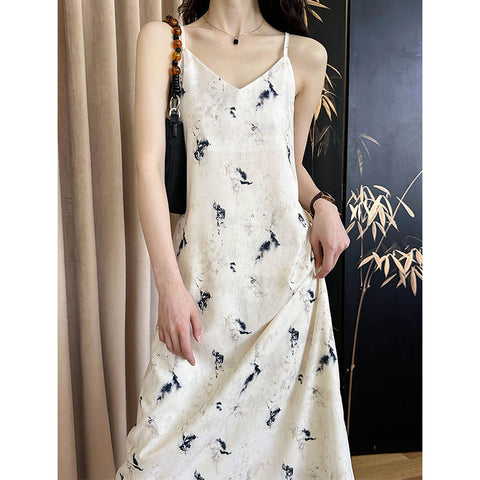 2025 2025 spring and summer new suspender dress women's Korean gentle ink printing  loose skirt F725