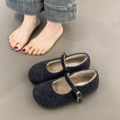2025  Retro velvet Mary Jane shoes popular small fragrant woolen cute round head warm velvet flat-soled beanie cotton shoes