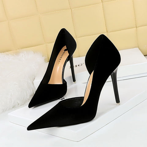 2025 1363-6  style fashion banquet high heels thin heel shallow mouth pointed side hollow Xishi suede high heel single shoes