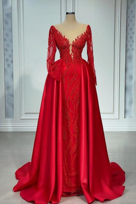 kamahe Chic V-neck Lace Prom Dresses Evening Gown With Long Sleeves