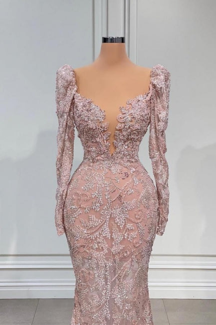 kamahe Designer Pink V-neck Lace Mermaid Prom Dress Evening Gowns With Long Sleeves
