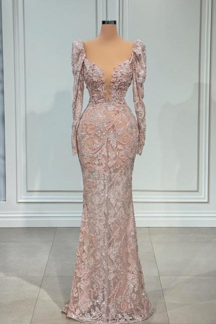 kamahe Designer Pink V-neck Lace Mermaid Prom Dress Evening Gowns With Long Sleeves