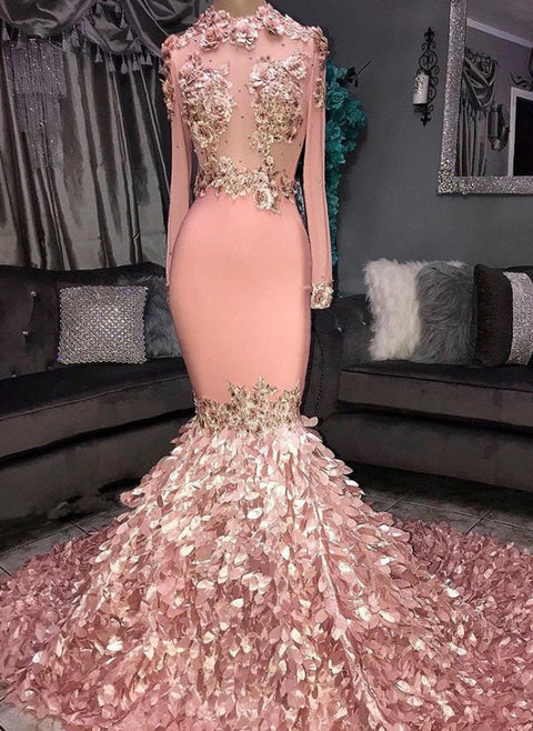 kamahe Gorgeous Round Neck Flower Long Sleevess Sequins Mermaid Prom Dresses
