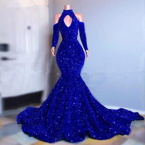 kamahe Gorgeous Royal Blue Long Sleeves Prom Dress Mermaid Long With Sequins