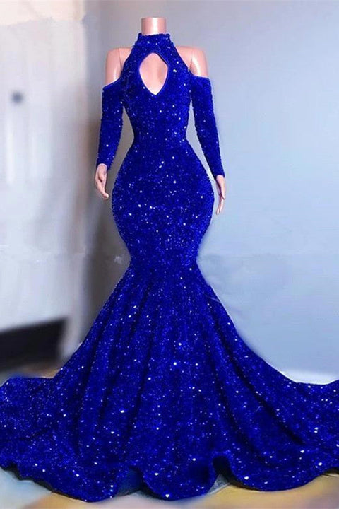 kamahe Gorgeous Royal Blue Long Sleeves Prom Dress Mermaid Long With Sequins