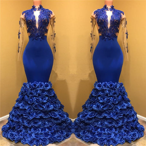kamahe Gorgeous Royal Blue Prom Dresses Long Sleevess Evening Gowns with Rose Flowers