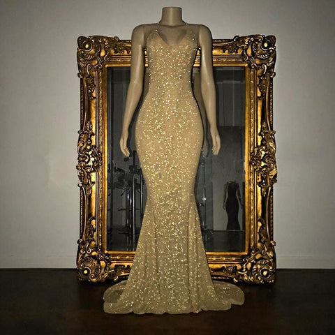 kamahe Gorgeous Sequined Mermaid Spaghetti-strap Long Sleevesless Prom Party Gowns
