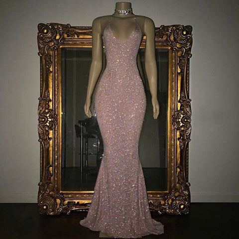 kamahe Gorgeous Sequined Mermaid Spaghetti-strap Long Sleevesless Prom Party Gowns