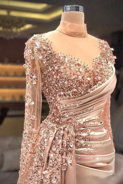 kamahe High Neck Mermaid Long Sleeves Lace Sequined Floor-length Long Sleeve With Side Train Prom Dress