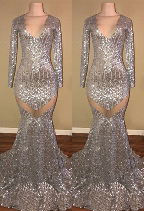 kamahe Long Sleeves Sequins Prom Party Gowns| Mermaid V-Neck Evening Gowns