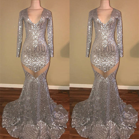 kamahe Long Sleeves Sequins Prom Party Gowns| Mermaid V-Neck Evening Gowns