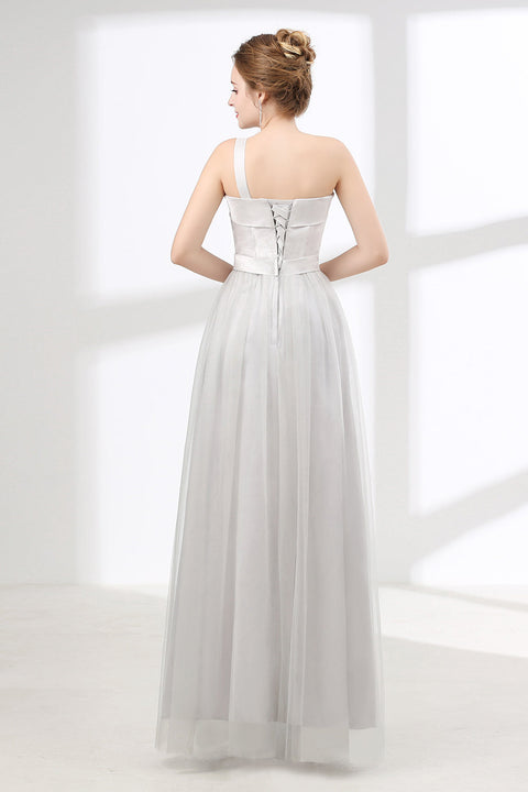 One Shoulder Soft Gray Floor Length Prom Dresses