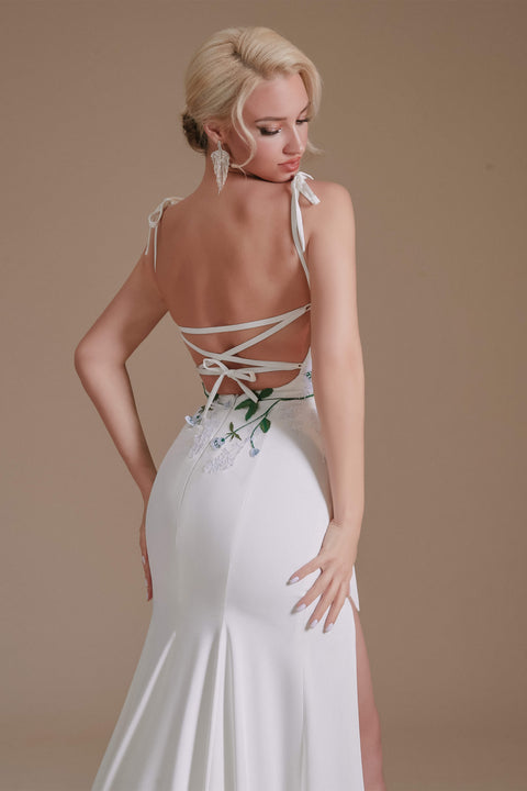 Spaghetti Straps Appliques Sweep Train High Split Prom Dresses