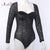 ArtSu Women Long Sleeve Casual Bodysuits Fashion V-Neck Black Leopard Print See Through Sexy Velvet Mesh Bodysuit Club Wear 2022