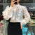 Vintage Lace Blouses Stand Collar Tops See Through Shirt Women Blouse Korean Clothing Pearl Buckle Loose Long Sleeve Shirt 13339