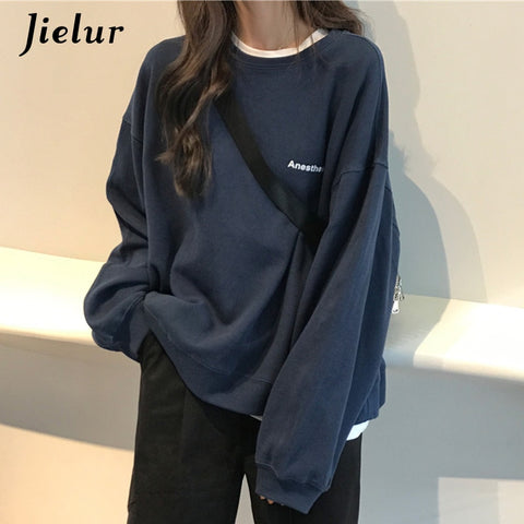 Jielur New Kpop Letter Hoody Fashion Korean Thin Chic Women&#39;s Sweatshirts Cool Navy Blue Gray Hoodies for Women M-XXL
