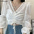 V-neck Design Shirts Women Patchwork Slim Ins Blouses Korean Style Crop Tops Leisure Chic Spring New Outwear Pleated Drawstring