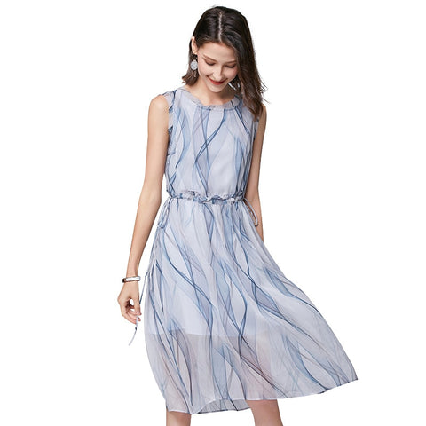 2020 new women&#39;s middle school long sleeveless fungus edge waist drawstring stripe elegant Fairy Dress