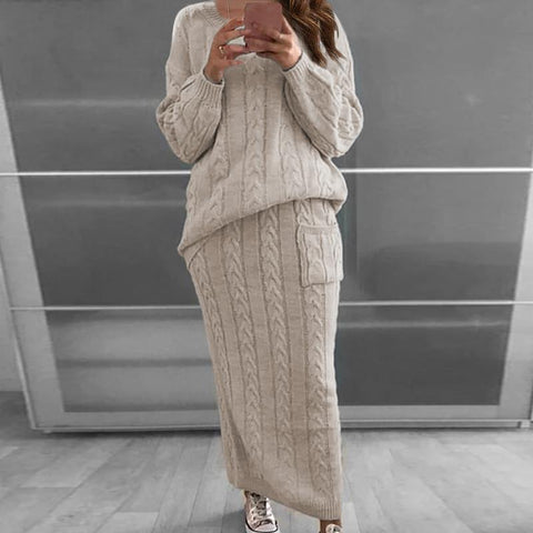 Winter Women Knitted 2 Pieces Set Casual Solid Color Long Sleeve Pullovers Sweater Top+Knitted Skirts 2PCS Suits Women Warm Sets