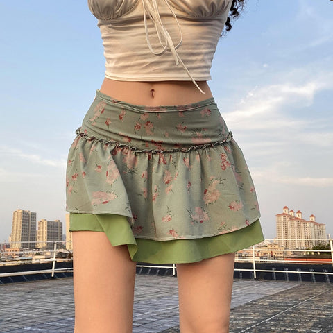 Double Layer Ruffles Pleated Skirts Y2k Vintage Floral Green High-Waisted Mini Skirt Women Korean Fairy Grunge Casual Clothing