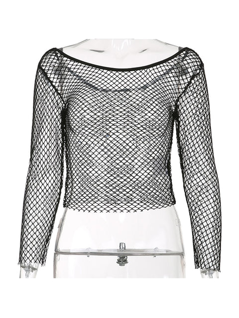 Sweetown Hollow Out See Through Sexy Slash Neck Fishnet Mesh T-Shirts Women Cute Club Outfits Off Shoulder Long Sleeve Crop Tees