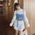 Neploe Korean Chic Suit Women 2 Piece Long Blouses Sets Puff Sleeve Turn-down Collar Tops Sashes Slim Cowboy Vest Two Piece Set