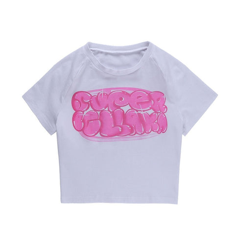 2000s Streetwear Harajuku Goth Short Sleeve T-shirts Y2K Fashion Letter Print Cute Baby Tees Summer E-girl White Crop Tops Slim