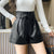 REALEFT Autumn Winter Women&#39;s Faux PU Leather Shorts with Belted New High Waist Ladies Elegant Short Trousers Pocket Female