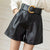 REALEFT Women&#39;s PU Leather Shorts With Belt New Winter Stylish Pockets Ladies Elegant Solid Casual Shorts Trousers Female