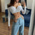 Womens Denim Jeans Sexy Chain Decor High Waist Straight-Leg Pants for Party Shopping Holiday Vacation Travelling