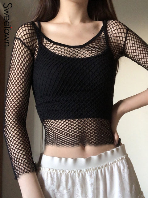 Sweetown Hollow Out See Through Sexy Slash Neck Fishnet Mesh T-Shirts Women Cute Club Outfits Off Shoulder Long Sleeve Crop Tees