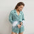 Satin Blue long-sleeved shirt top + shorts two-piece suit casual pajamas women&#39;s home service fashion women&#39;s feather detachable