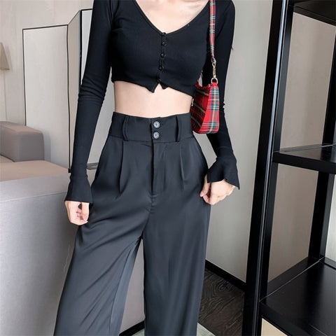 2021 New Women Casual Pants Loose Style Straight Suit Pants High Waist Chic Office Ladies Pants Trousers Streetwear Female Pants
