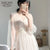 Plus Size Elegant Button A-Line Vestidos White Dress Women 2022 autumn Puff Sleeve Empire V-Neck Lace Voile Mesh Dresses 8126