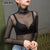 Sexy Perspective Tops High-neck Net Yarn Bottoming Shirt Gauze Black Pile Collar Lace Shirt Top Long-sleeved T Shirts Streetwear
